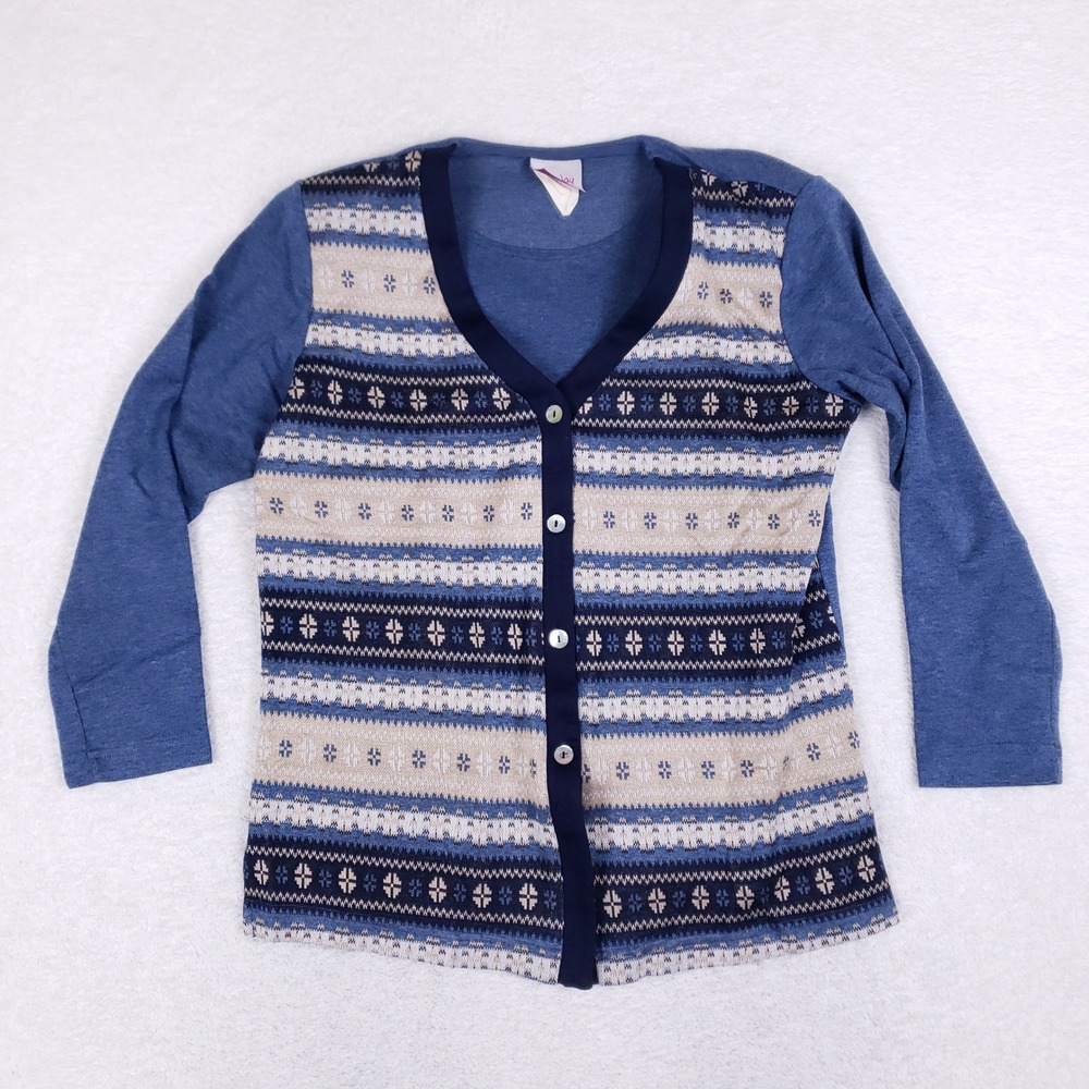 TanJay Blue Fair Isle Button Front Cardigan Top Long Sleeve Sz S Made in Canada
